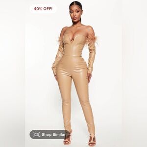 Fashion Nova Strapless Faux Leather Feather-Trim Jumpsuit - Beige